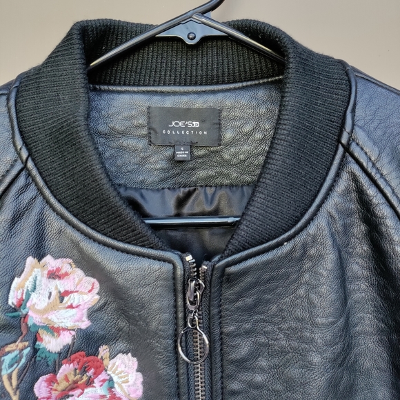 Joe's Collection Floral Embroidered Black Faux Leather Bomber Jacket - Picture 4 of 15